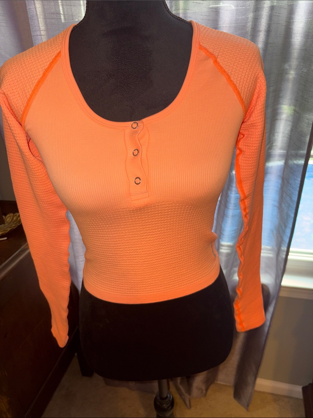 FP Movement by Free People Neon Orange Long-Sleeve Henley Crop Top